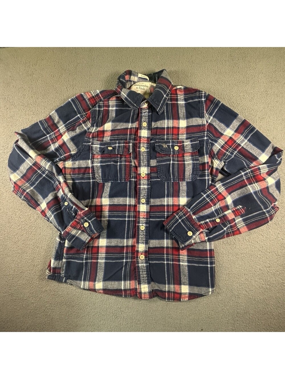 Abercrombie & Fitch Flannel Shirt Men XXL Muscle Fit Plaid Navy Red White Moose